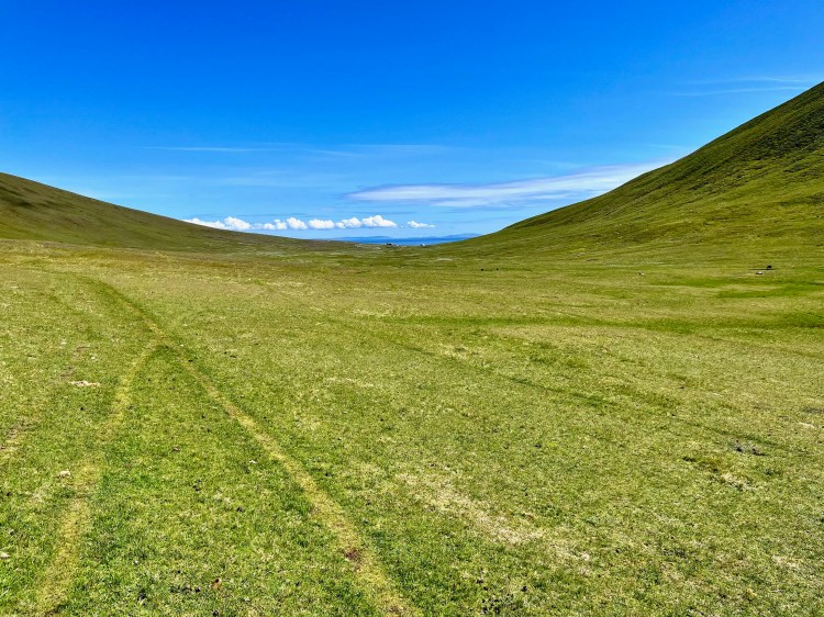 Green valley on Foula, Shetland, under a blue sky. Tire tracks mark the grass.