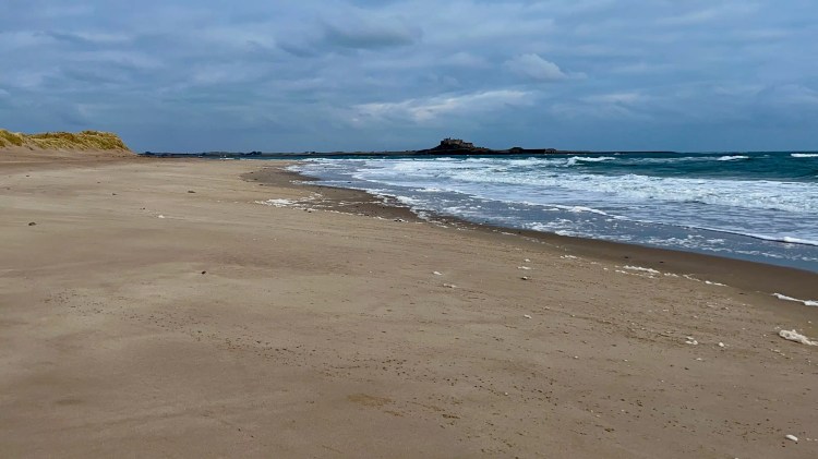 Northumberland beach with Bamburgh Castle silhouetted against a cloudy sky. Birding weekend location.