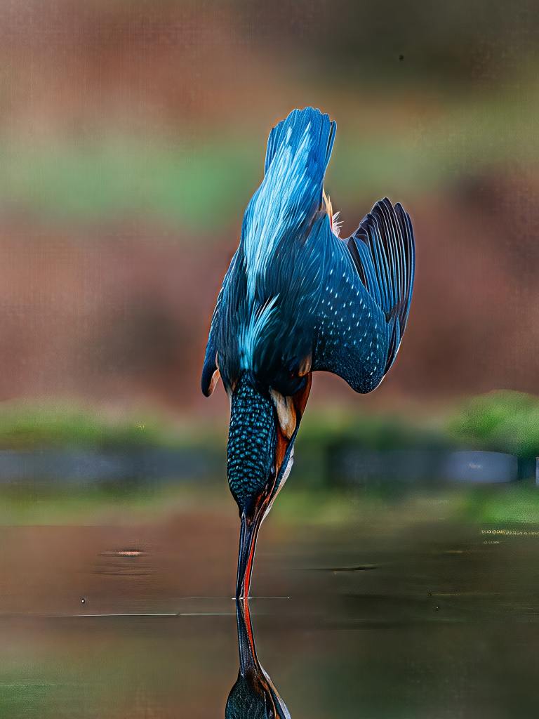 Kingfisher diving into water, reflection visible. Wildlife in Scotland.