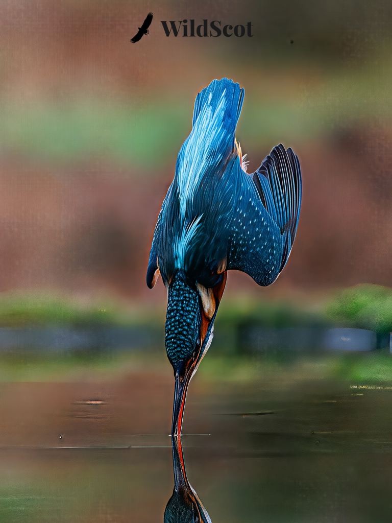 Kingfisher diving into water, reflection visible. WildScot logo above.