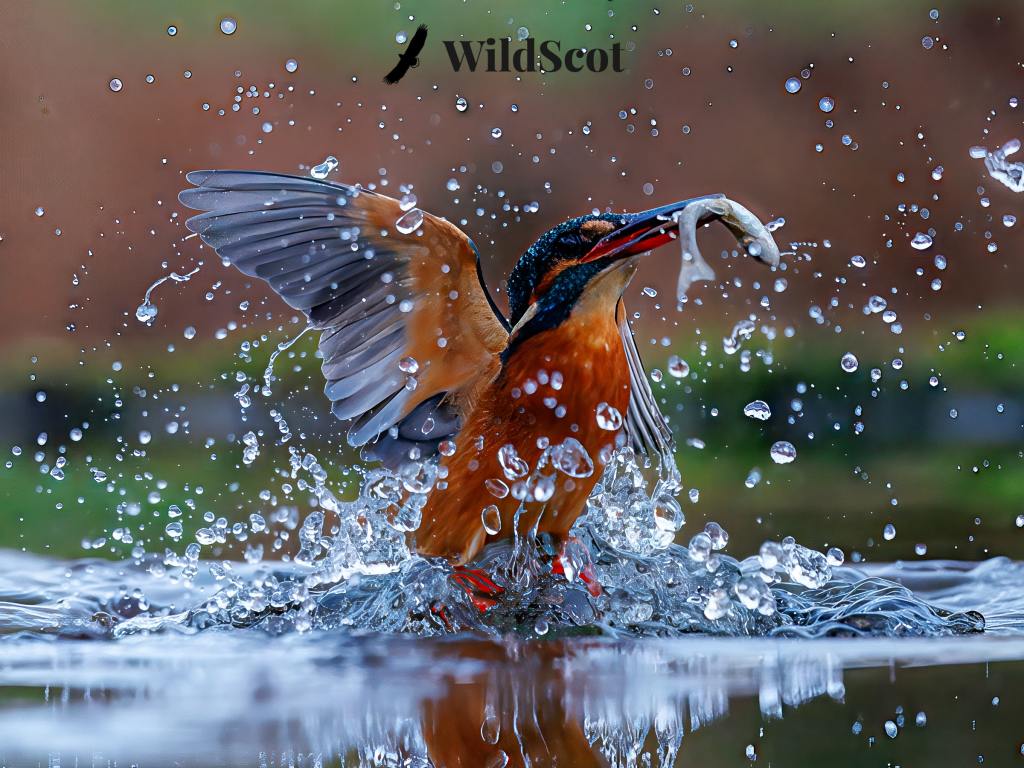 Kingfisher emerges from water with fish. WildScot logo visible.