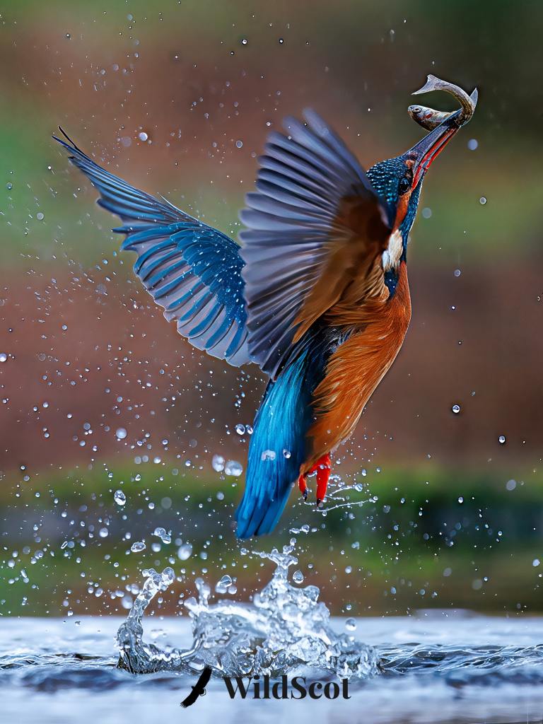 Kingfisher emerges from water with fish in beak.