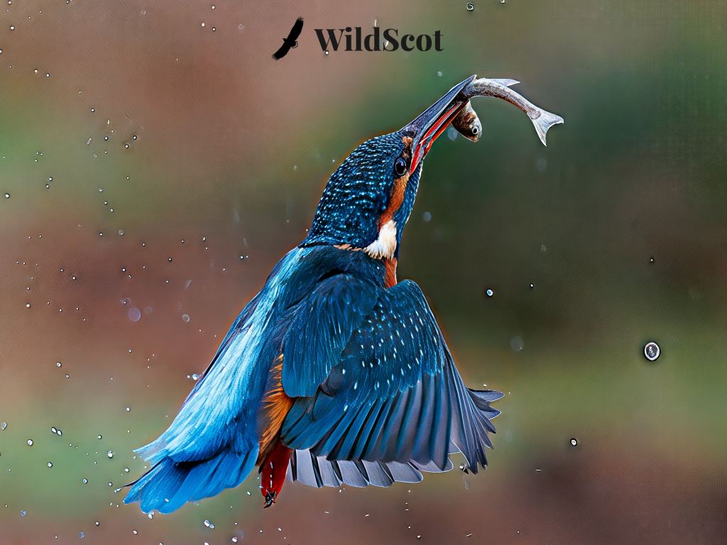Kingfisher in flight with fish in beak, WildScot logo visible.