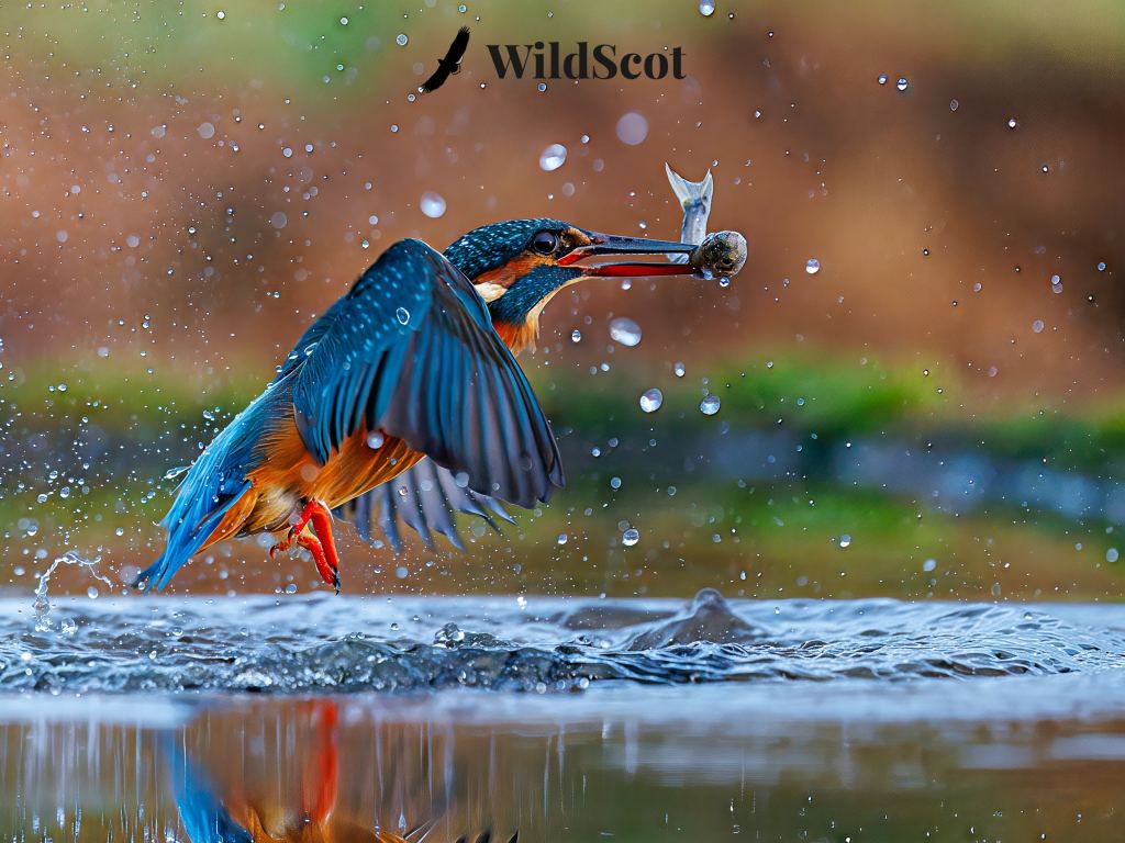 Kingfisher catching fish in water, splash, Wildscot