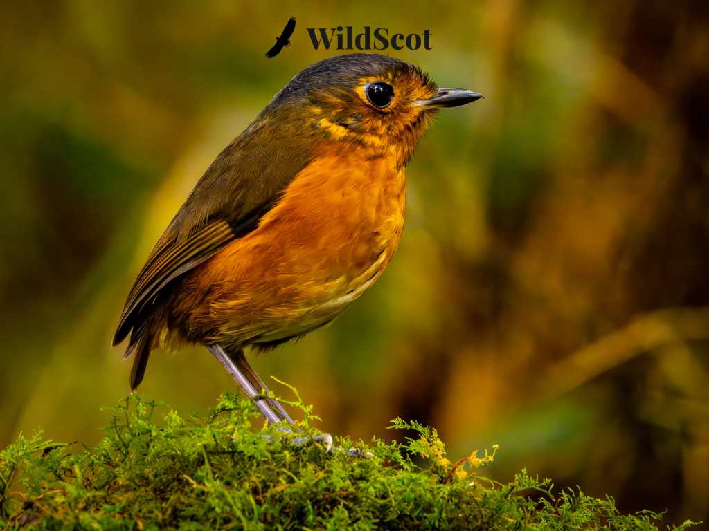 Orange Ground Thrush perched on moss with "WildScot" text overlay.