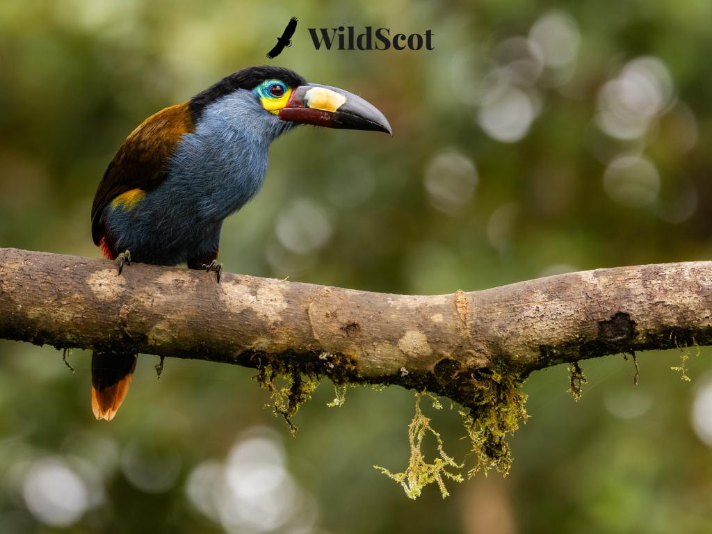 Colorful Plate-Billed Mountain Toucan perches on a mossy branch. WildScot logo overlayed.